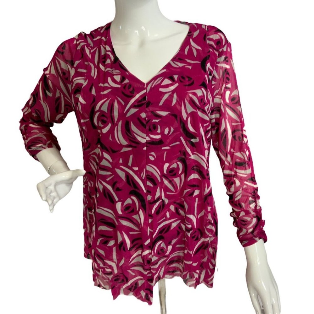 Alfani Women Top Maroon White Black Sheer Material Geometric Print Long Sleeve S